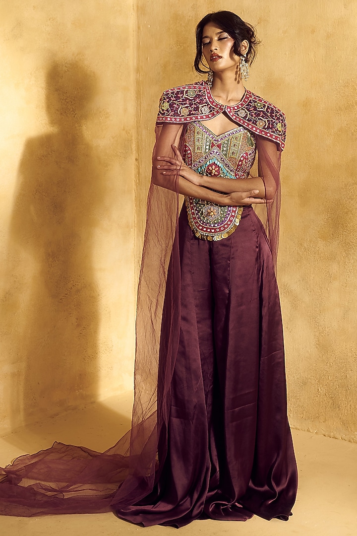 Purple Satin Flared Pant Set by Rashika Sharma at Pernia's Pop Up Shop