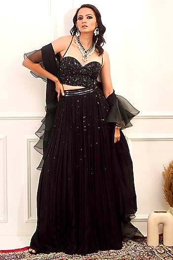 Black Chiffon Wedding Lehenga Set by Rashika Sharma at Pernia's Pop Up Shop