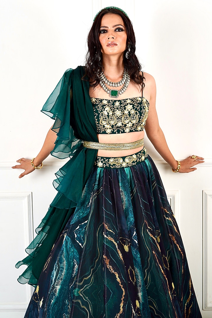 Green Printed Wedding Lehenga Set by Rashika Sharma at Pernia's Pop Up Shop