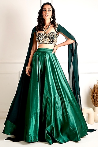 Green Satin Lehenga Set by Rashika Sharma