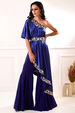 Navy Blue Embroidered Cape Set by Rashika Sharma