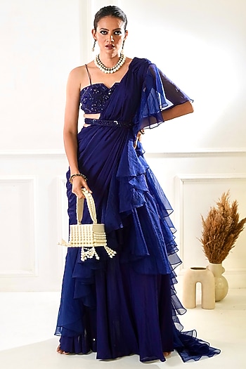 Navy Blue Chiffon & Organza Ruffle Wedding Saree Set by Rashika Sharma at Pernia's Pop Up Shop