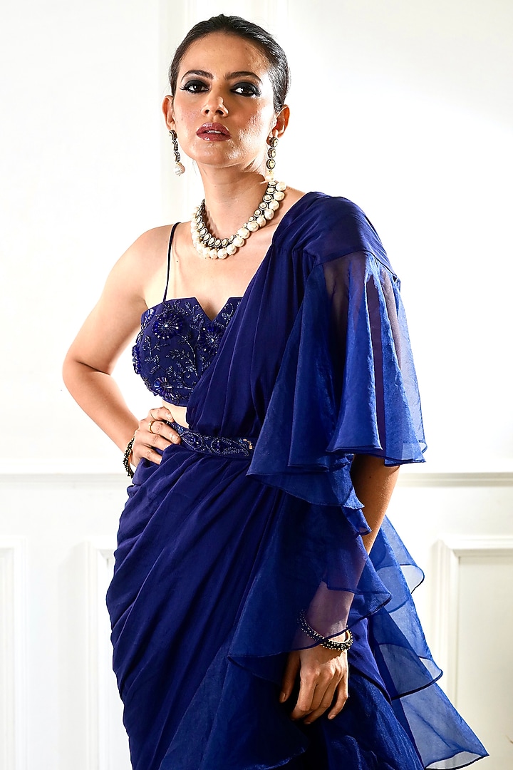 Navy Blue Chiffon & Organza Ruffle Wedding Saree Set by Rashika Sharma at Pernia's Pop Up Shop