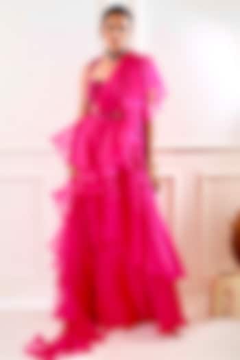 Pink Chiffon & Organza Ruffle Saree Set by Rashika Sharma
