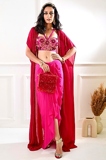 Maroon & Pink Chiffon Cape Set by Rashika Sharma at Pernia's Pop Up Shop
