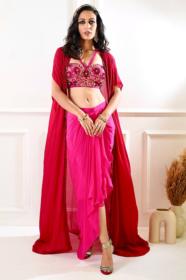 Maroon & Pink Chiffon Cape Set by Rashika Sharma at Pernia's Pop Up Shop