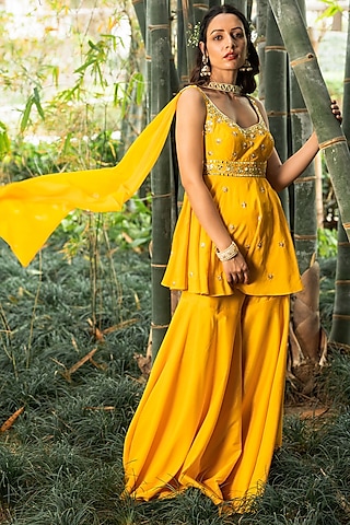 Yellow Chroma Silk Sharara Set by Rashika Sharma