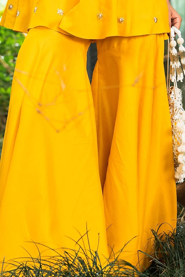 Yellow Chroma Silk Wedding Sharara Set by Rashika Sharma at Pernia's Pop Up Shop