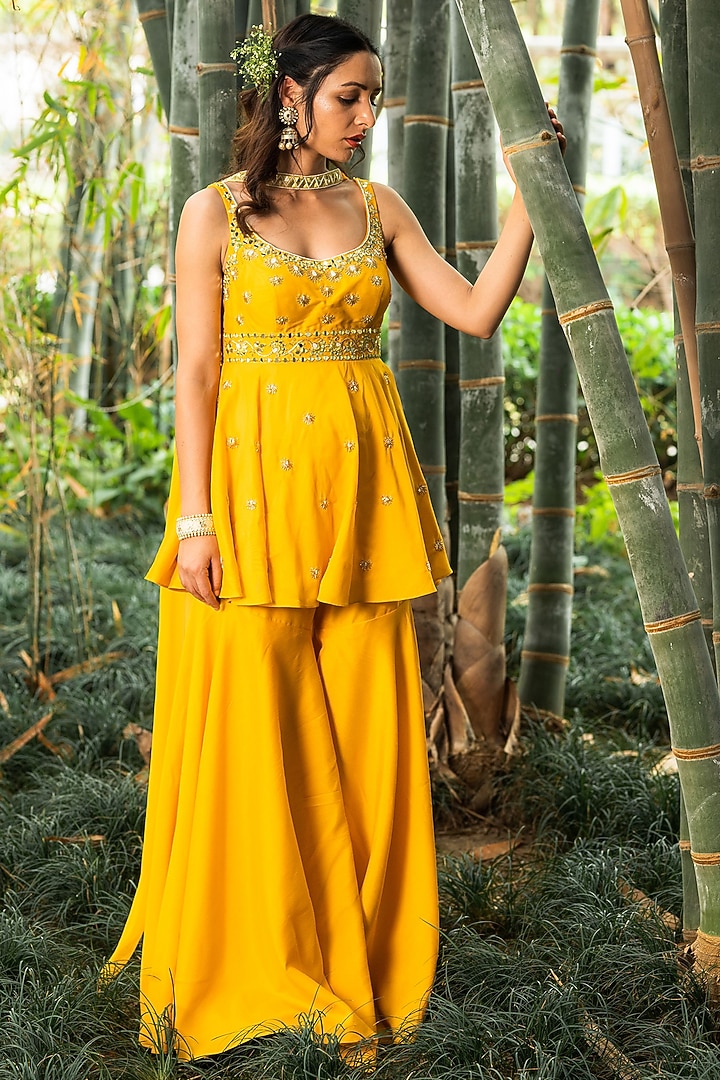 Yellow Chroma Silk Wedding Sharara Set by Rashika Sharma at Pernia's Pop Up Shop