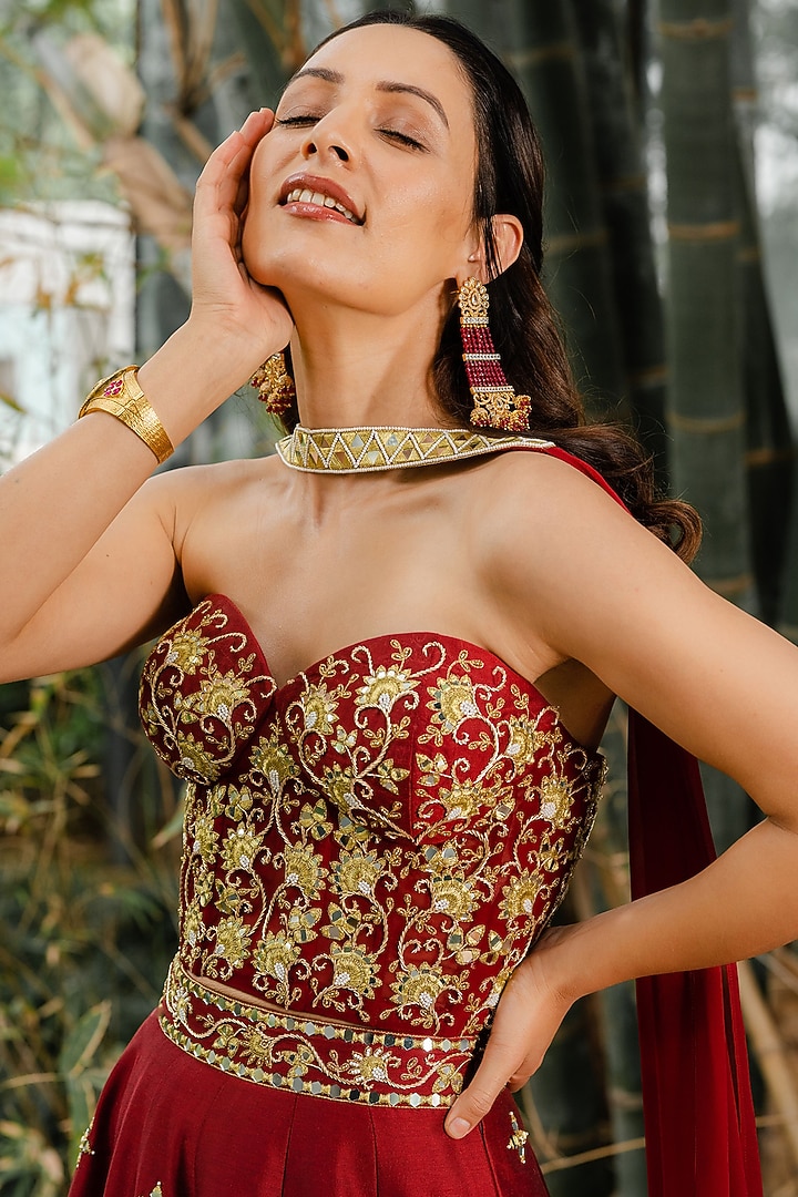Maroon Zardosi Embroidered Wedding Lehenga Set by Rashika Sharma at Pernia's Pop Up Shop