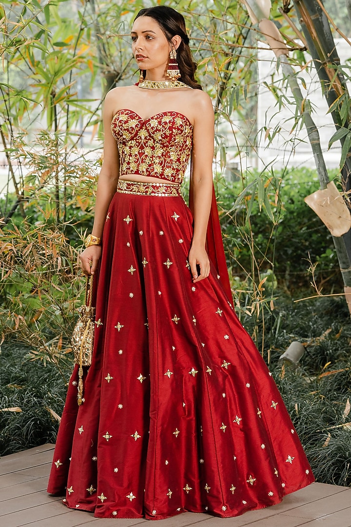 Maroon Zardosi Embroidered Wedding Lehenga Set by Rashika Sharma at Pernia's Pop Up Shop