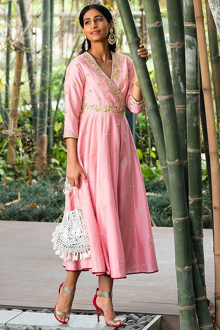 Blush Pink Embroidered Wrap Dress by Rashika Sharma