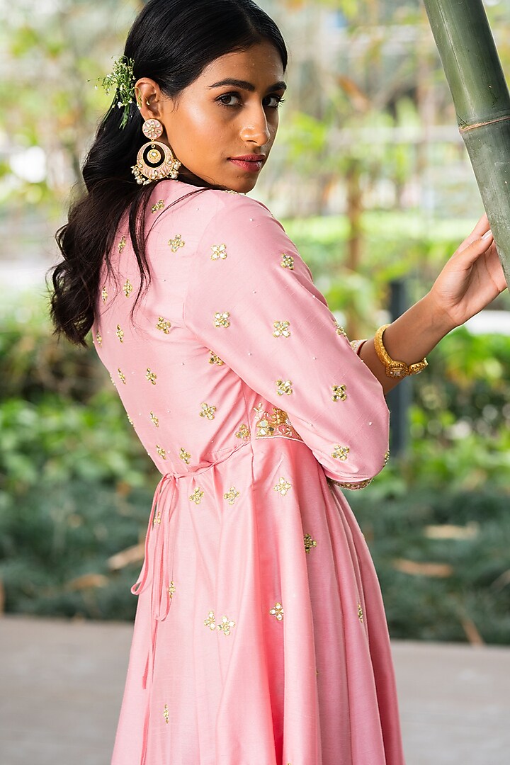 Blush Pink Embroidered Wrap Cocktail Dress by Rashika Sharma at Pernia's Pop Up Shop