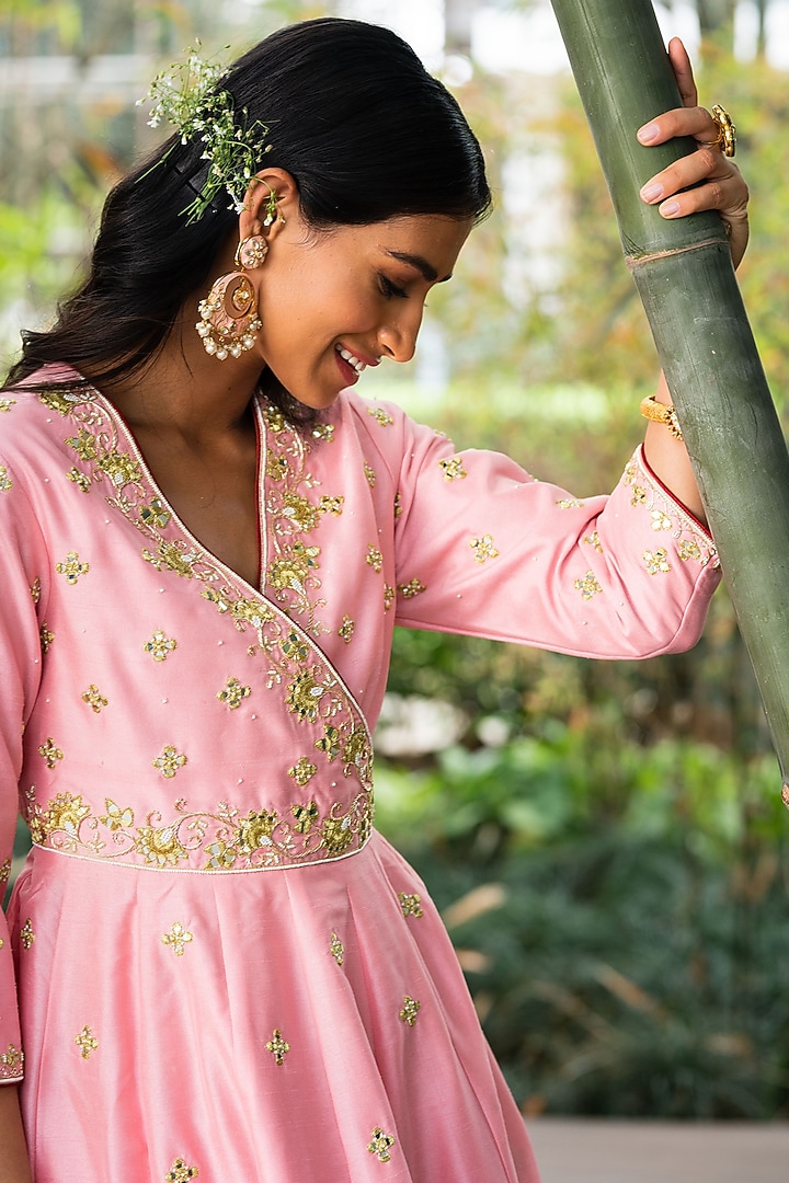 Blush Pink Embroidered Wrap Cocktail Dress by Rashika Sharma at Pernia's Pop Up Shop