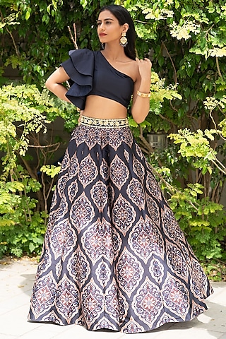 Navy Blue Thread Embroidered Lehenga Set by Rashika Sharma