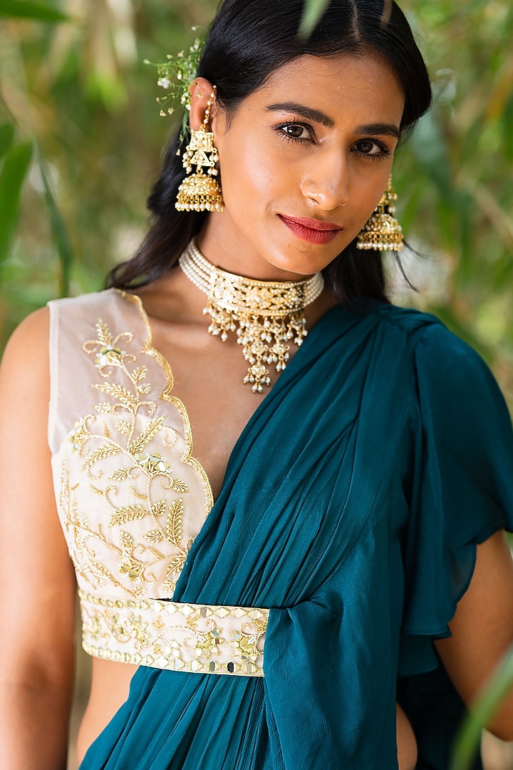 Emerald Green Embroidered Ruffled Wedding Saree by Rashika Sharma at Pernia's Pop Up Shop