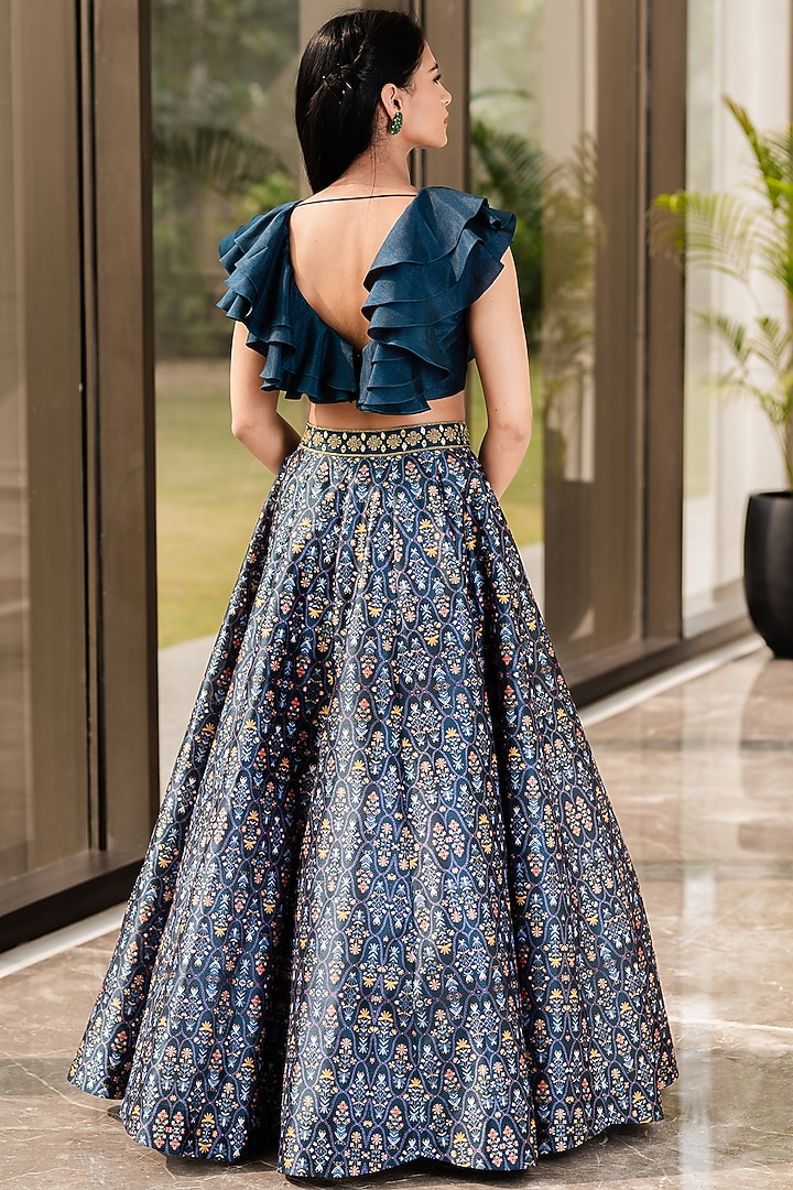 Cobalt Blue Printed Wedding Lehenga Set by Rashika Sharma at Pernia's Pop Up Shop