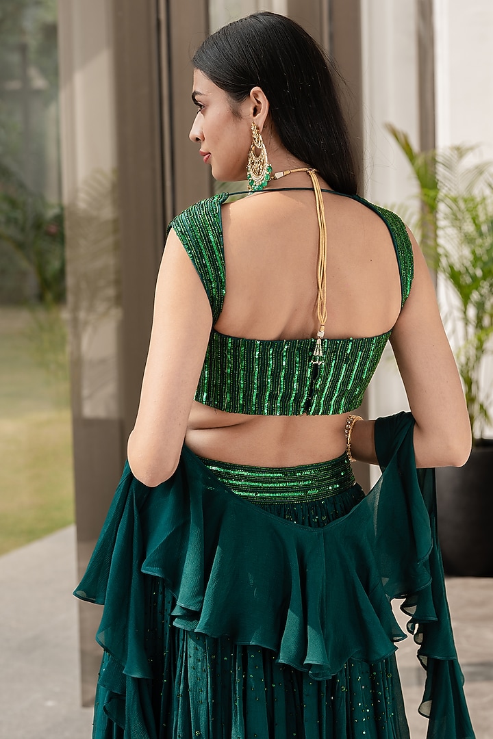 Emerald Green Pleated Wedding Lehenga Set by Rashika Sharma at Pernia's Pop Up Shop