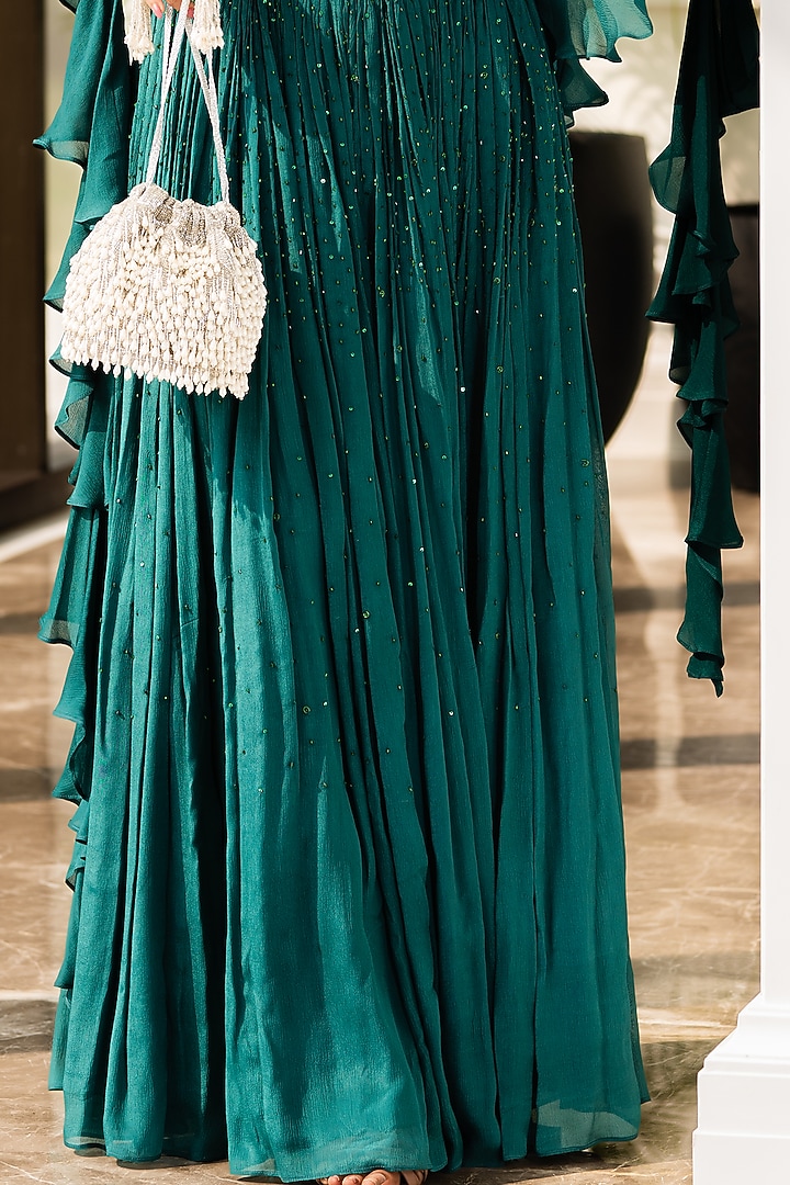 Emerald Green Pleated Wedding Lehenga Set by Rashika Sharma at Pernia's Pop Up Shop