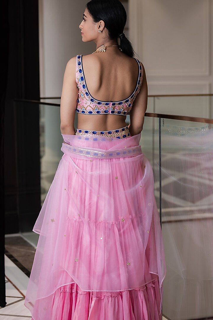 Blush Pink Chiffon Tiered Wedding Lehenga Set by Rashika Sharma at Pernia's Pop Up Shop