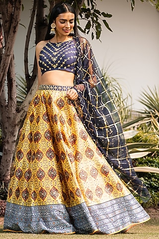 Yellow & Navy Printed Lehenga Set  by Rashika Sharma