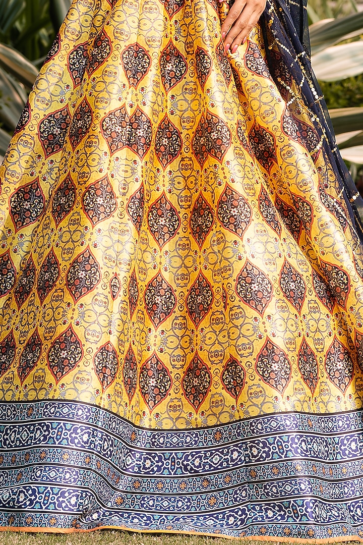 Yellow & Navy Printed Wedding Lehenga Set by Rashika Sharma at Pernia's Pop Up Shop