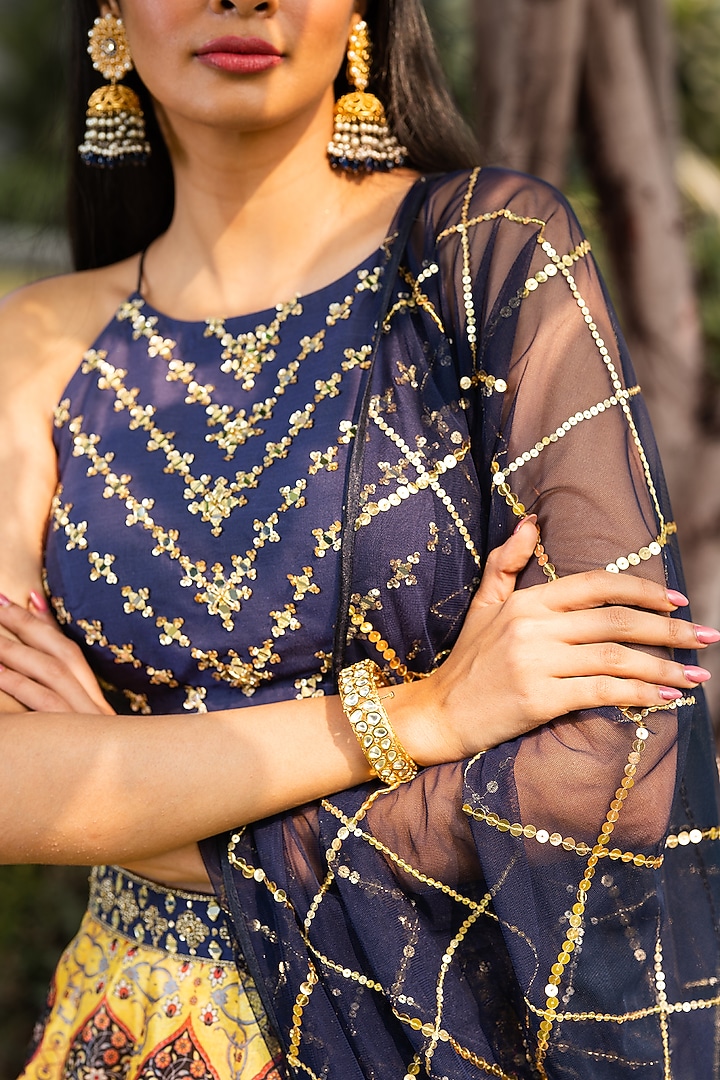 Yellow & Navy Printed Wedding Lehenga Set by Rashika Sharma at Pernia's Pop Up Shop