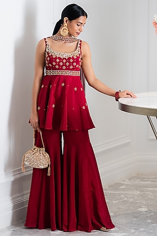 Maroon Embroidered Sharara Set by Rashika Sharma
