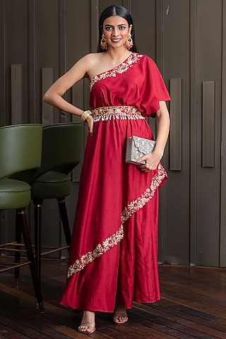 Maroon Zardosi Embroidered Gown by Rashika Sharma