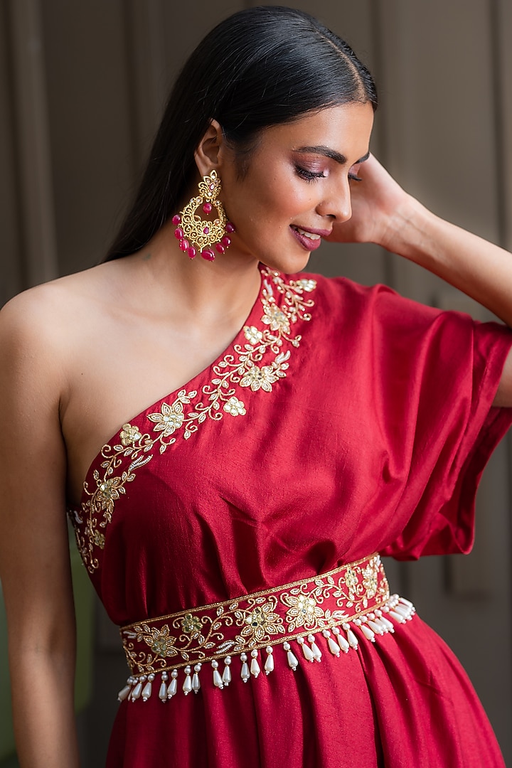 Maroon Zardosi Embroidered Engagement Gown by Rashika Sharma at Pernia's Pop Up Shop