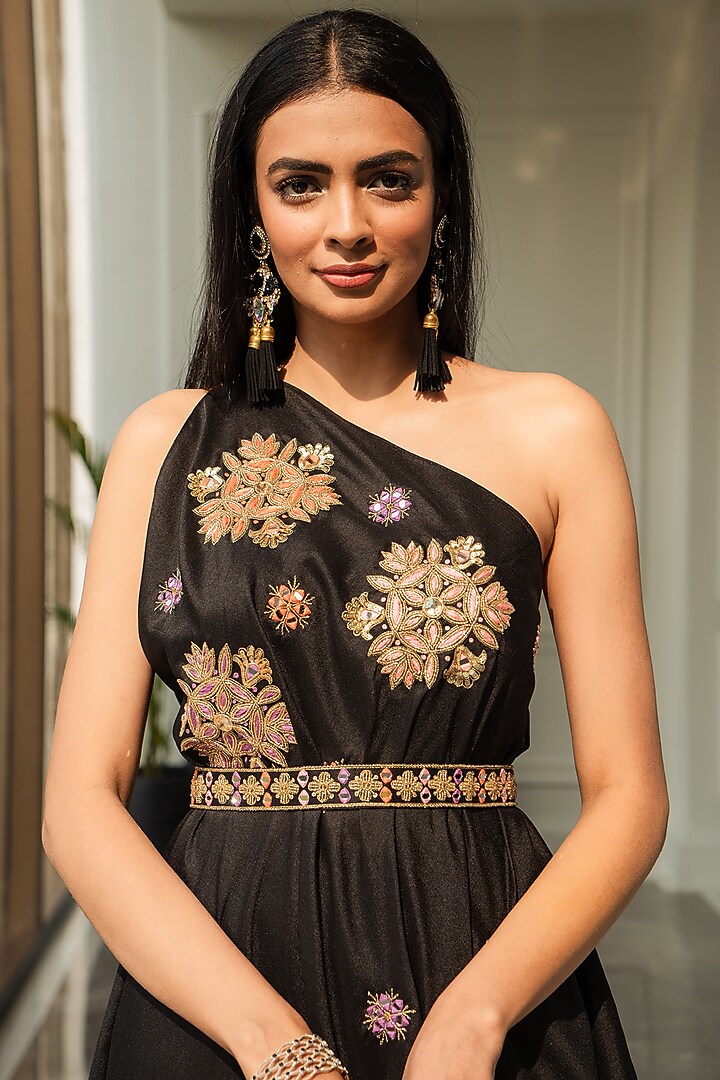 Black Embroidered Pant Set With Saree Drape by Rashika Sharma at Pernia's Pop Up Shop