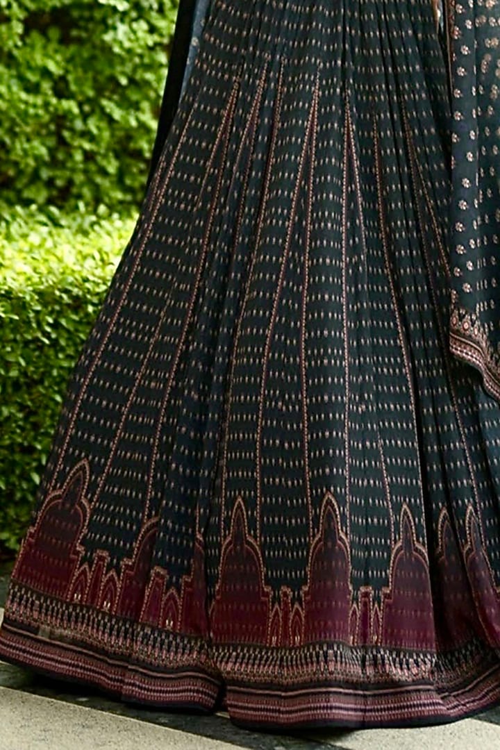 Dark Blue Chiffon Printed & Embroidered Wedding Lehenga Set by Rashika Sharma at Pernia's Pop Up Shop