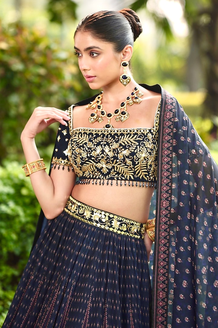 Dark Blue Chiffon Printed & Embroidered Wedding Lehenga Set by Rashika Sharma at Pernia's Pop Up Shop