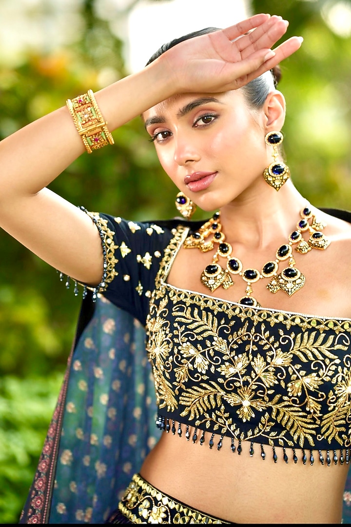 Dark Blue Chiffon Printed & Embroidered Wedding Lehenga Set by Rashika Sharma at Pernia's Pop Up Shop