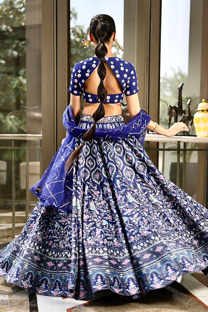 Blue Velvet Printed Wedding Lehenga Set by Rashika Sharma at Pernia's Pop Up Shop