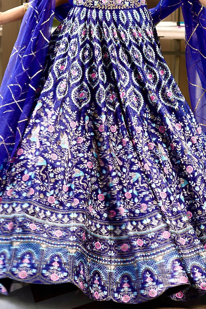Blue Velvet Printed Wedding Lehenga Set by Rashika Sharma at Pernia's Pop Up Shop