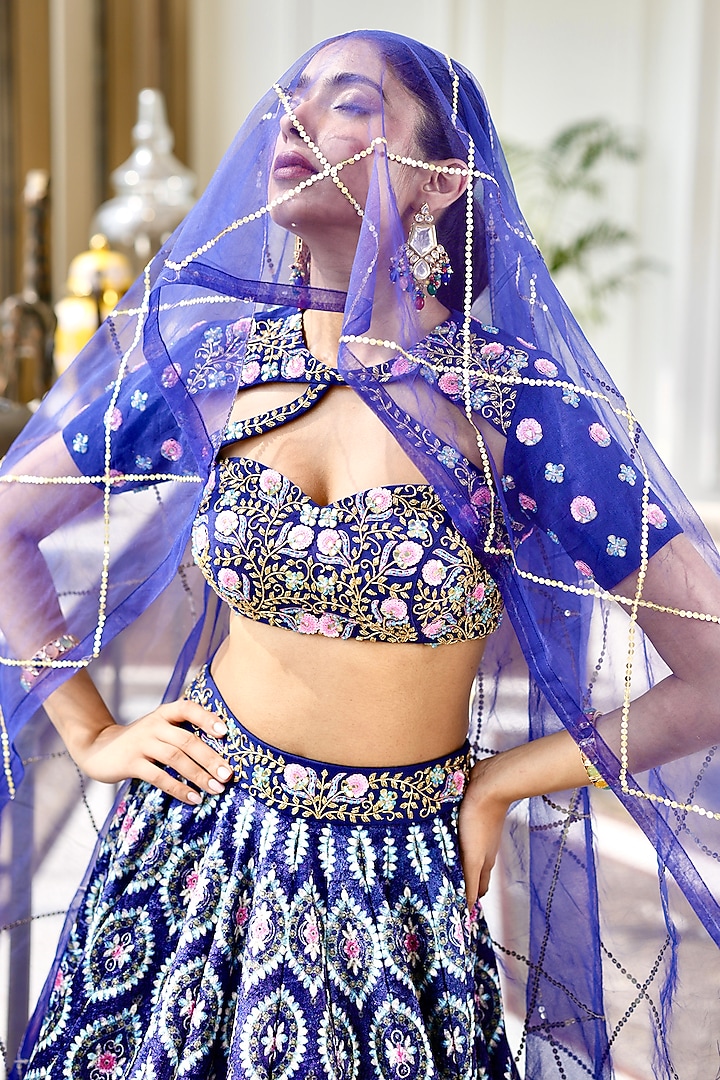 Blue Velvet Printed Lehenga Set Design by Rashika Sharma at