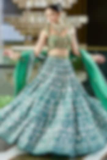 Green Velvet Printed Wedding Lehenga Set by Rashika Sharma at Pernia's Pop Up Shop