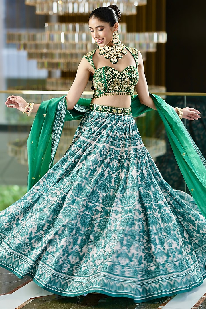 Green Velvet Printed Wedding Lehenga Set by Rashika Sharma at Pernia's Pop Up Shop