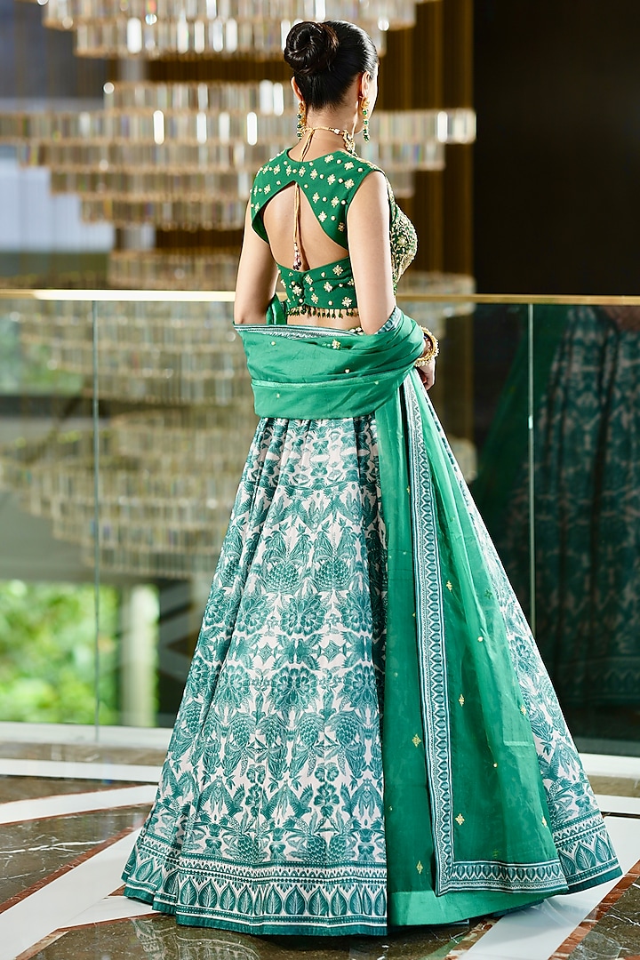 Green Velvet Printed Wedding Lehenga Set by Rashika Sharma at Pernia's Pop Up Shop