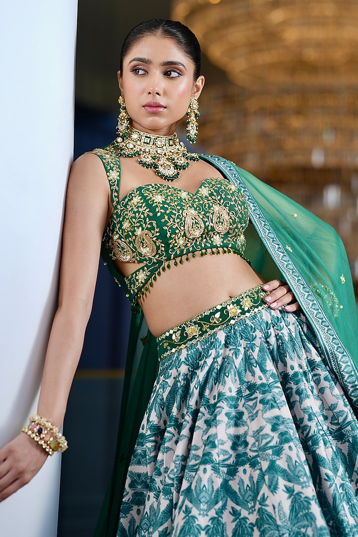 Green Velvet Printed Wedding Lehenga Set by Rashika Sharma at Pernia's Pop Up Shop