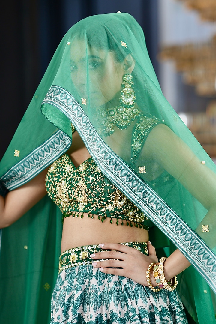 Green Velvet Printed Wedding Lehenga Set by Rashika Sharma at Pernia's Pop Up Shop