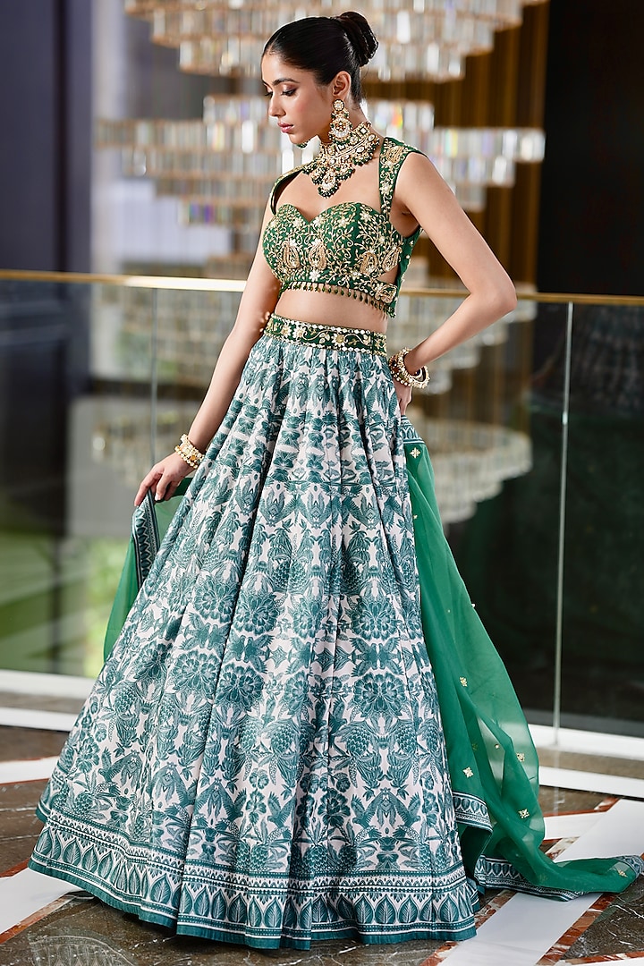 Green Velvet Printed Wedding Lehenga Set by Rashika Sharma at Pernia's Pop Up Shop