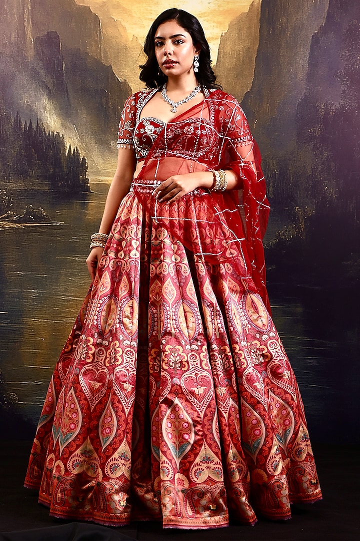 Maroon Satin Floral Printed Wedding Lehenga Set by Rashika Sharma at Pernia's Pop Up Shop