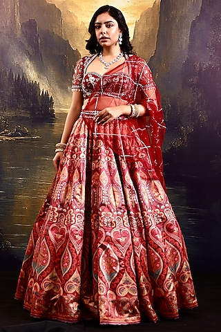Maroon Satin Floral Printed Lehenga Set by Rashika Sharma