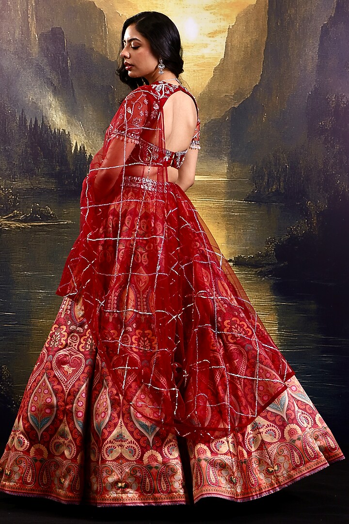 Maroon Satin Floral Printed Wedding Lehenga Set by Rashika Sharma at Pernia's Pop Up Shop