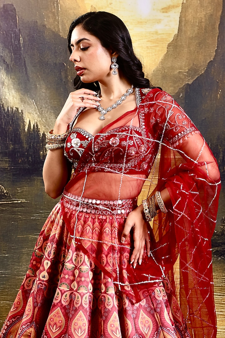 Maroon Satin Floral Printed Wedding Lehenga Set by Rashika Sharma at Pernia's Pop Up Shop