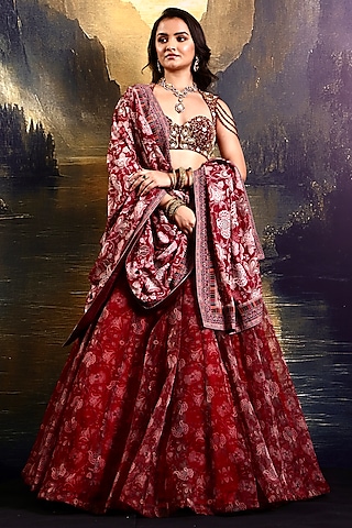 Maroon Organza Floral Printed Lehenga Set by Rashika Sharma