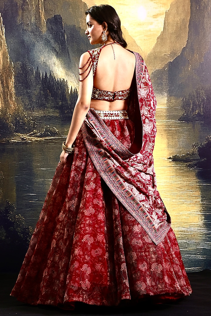 Maroon Organza Floral Printed Wedding Lehenga Set by Rashika Sharma at Pernia's Pop Up Shop