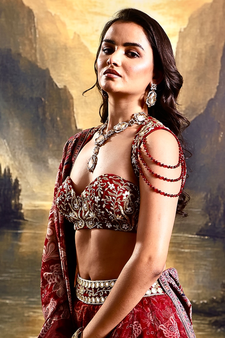 Maroon Organza Floral Printed Wedding Lehenga Set by Rashika Sharma at Pernia's Pop Up Shop